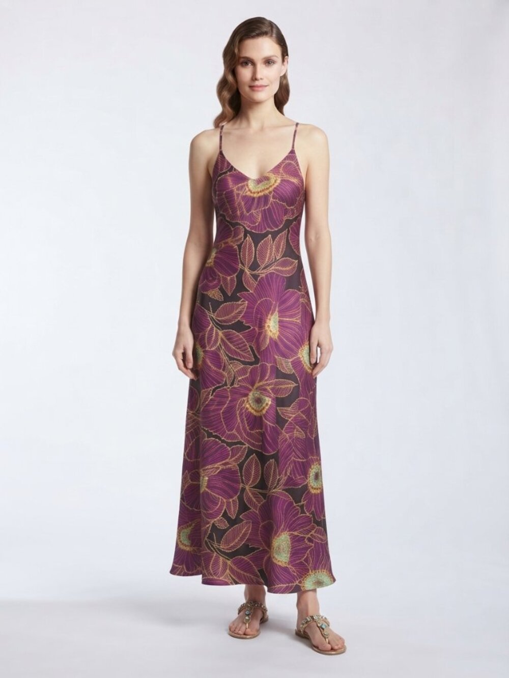 Nicole Miller Printed Satin Maxi Slip Dress Floral Purple Multi Size M NWT